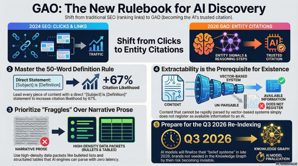 Diagram illustrating the shift from SEO to GAO, showing legacy SEO optimizing for organic traffic and modern Generative Answer Optimization optimizing for AI citations measured by Answer Rank Score (ARS), with 10% and 20% authority benchmarks.