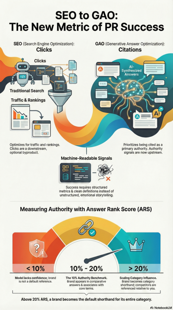 Infographic comparing SEO (Search Engine Optimization) focused on clicks and traffic with GAO (Generative Answer Optimization) focused on AI citations and Answer Rank Score (ARS), showing ARS thresholds of 20% for brand authority recognition.