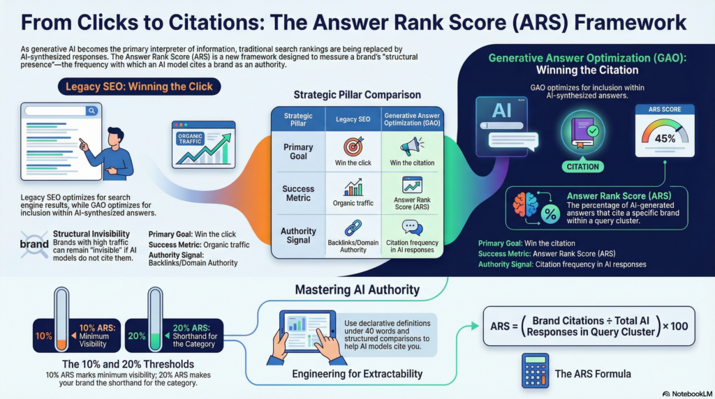 Answer Rank Score (ARS) infographic comparing legacy SEO and Generative Answer Optimization (GAO), illustrating citation frequency, AI response inclusion, 10% and 20% ARS benchmarks, and structured authority signal engineering.